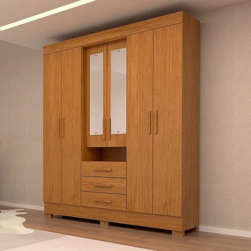 imagem-Guarda-roupa Casal 6 Portas 3 Gavetas Capelinha com Espelho 100% Mdf Débora Cinamomo - Marrom