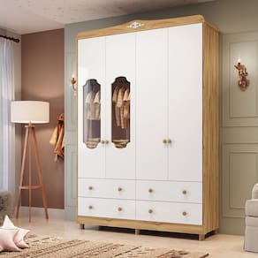 Guarda-roupa de Bebê 156,80cm 4 Portas com Janela 4 Gavetas 100% Mdf Maya Provençal Espresso Móveis Branco Brilho/Amêndoa
