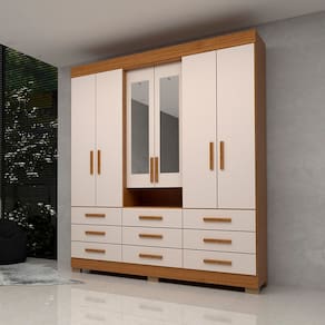 Guarda-roupa Casal 178,80cm 6 Portas 9 Gavetas Capelinha com Espelho 100% Mdf Débora Cinamomo/Off White