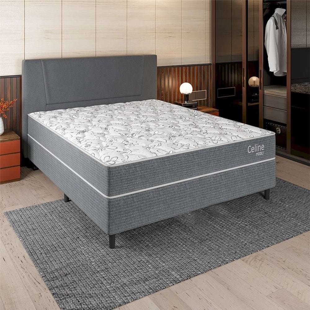cama box com cabeceira e colchão casal celine molas ensacadas (62x138x188) cinza