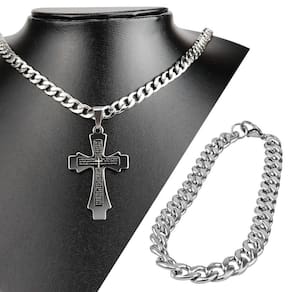 Cordão Prata Aço Inox + Pingente Cruz Pai Nosso Religioso