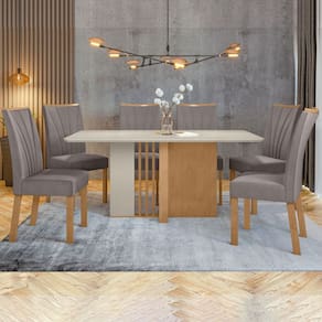 Mesa de Jantar 6 Lugares Astrid Apogeu com Vidro Amêndoa Clean/Off White/Veludo Liso Capuccino - Móveis Lopas