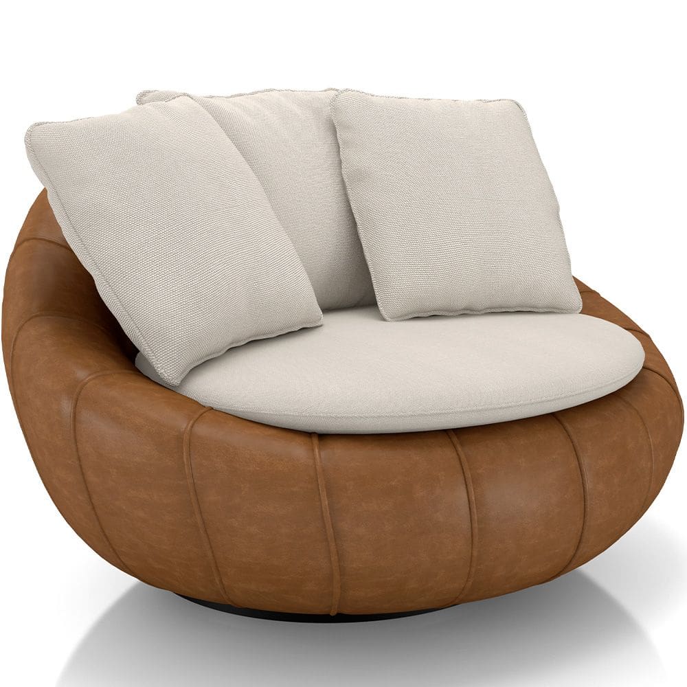 Poltrona Giratória Para Sala de Estar Decorativa Kira M03 Couríssimo Whisky Linho Cru - Lyam Decor