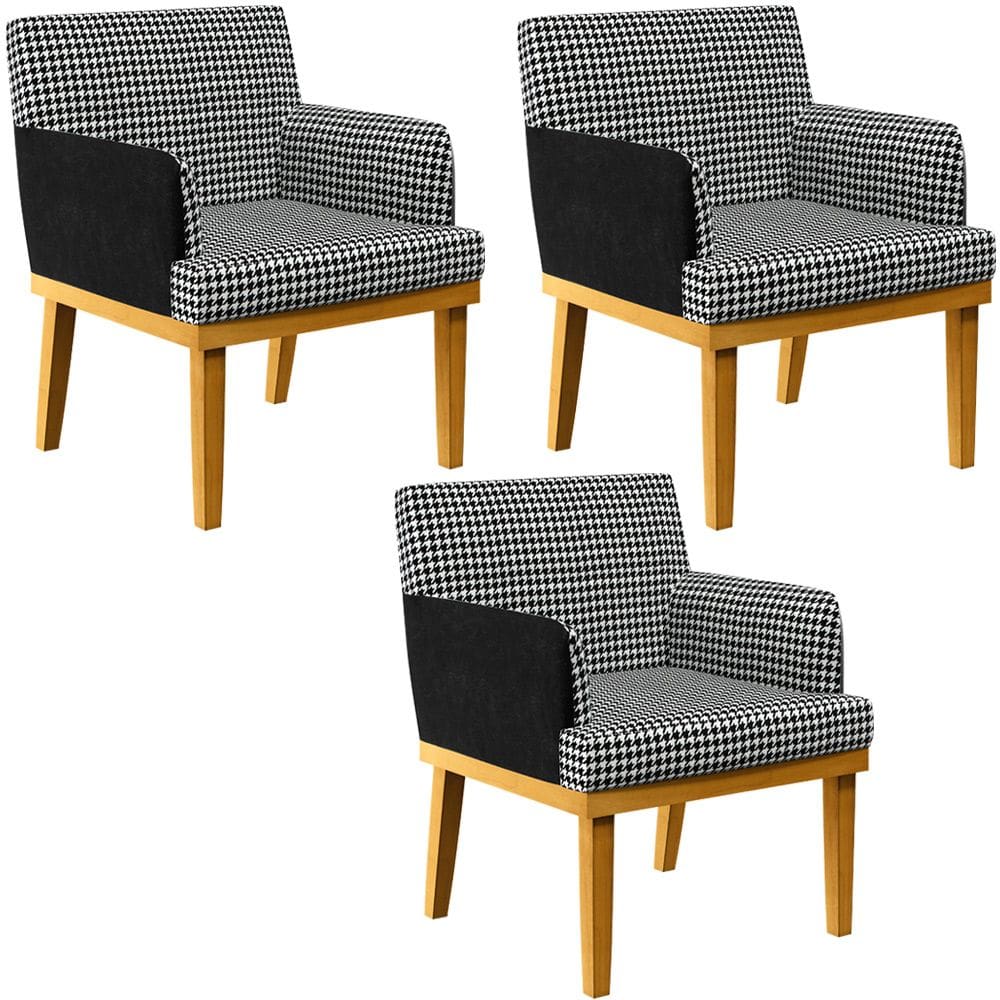 Kit 03 Poltronas Decorativa Beatriz W01 Suede Pied Poule Couríssimo Preto - Lyam Decor