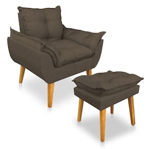Kit Poltrona Decorativa e Puff Opala Luxo Linho Marrom Dal Poz Estofados