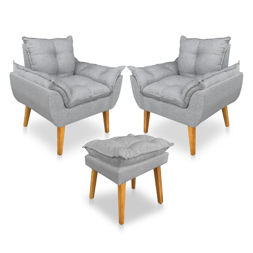 Kit 2 Poltronas Decorativa e Puff Opala Luxo Linho Cinza Dal Poz Estofados
