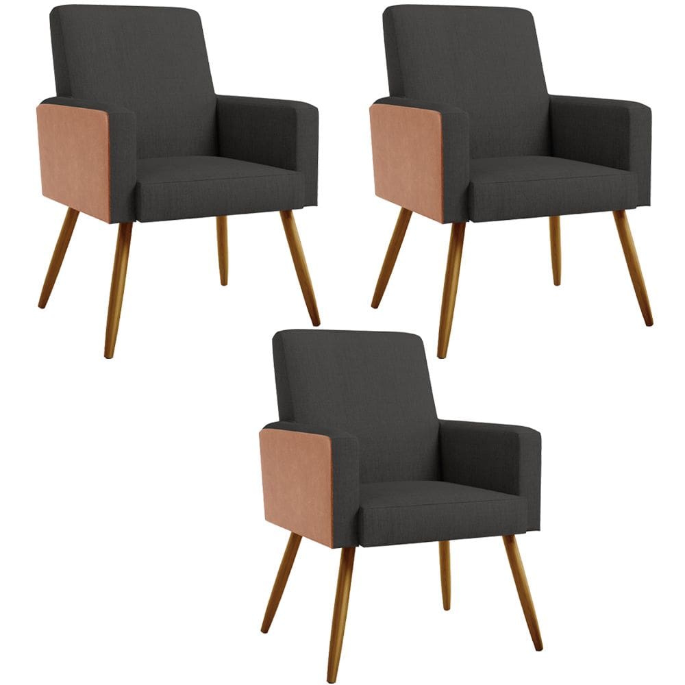 Kit 03 Poltronas Decorativa Maria W01 Pés Palito Linho Chumbo Couríssimo Camel - Lyam Decor