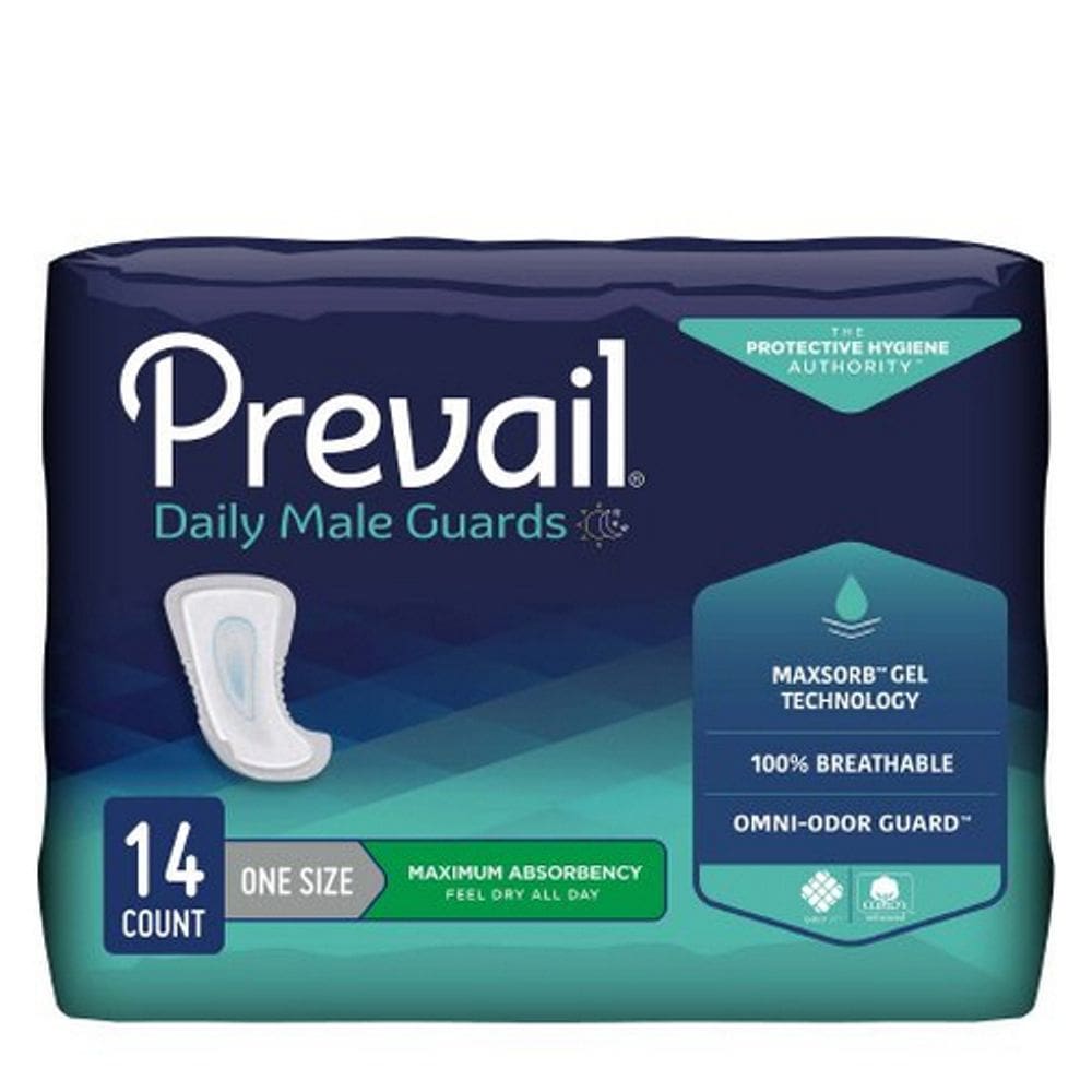Almofada de controle da bexiga Prevail Daily Male Guards 12-1/2 polegadas de comprimento Núcleo de polímero de absorção pesada Um 14 unidades da First