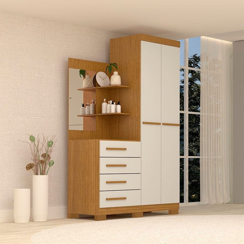 imagem-Guarda-roupa Solteiro 110,20cm 2 Portas 4 Gavetas com Espelho 100% Mdf Melissa Cinamomo/Off White