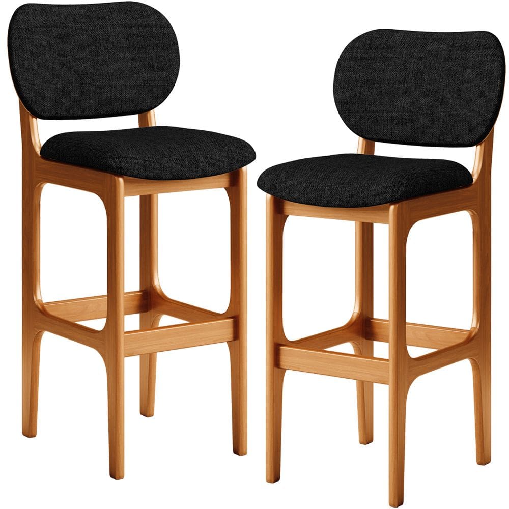 Kit 2 Banquetas Alta Bar Cozinha Sala Jantar Fixa Betta L02 Imbuia Linho Chumbo - Lyam Decor