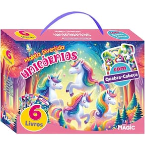 Livro Brinquedo Ilustrado Maleta Divertidsa Unicornios c/ 6 Livros + Quebra Cabeça Magic