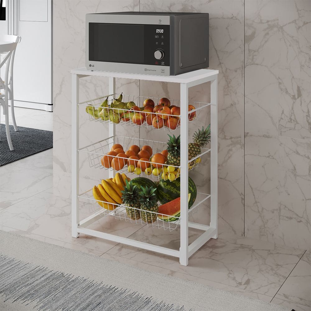 Fruteira com Suporte para Micro-ondas Barcelona Aço Branco Cesto Branco Tampo Branco