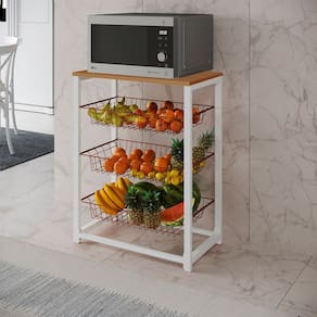 Fruteira com Suporte para Micro-ondas Barcelona Aço Branco Cesto Cobre Tampo Canela