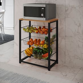 Fruteira com Suporte para Micro-ondas Barcelona Aço Preto Cesto Preto Tampo Canela