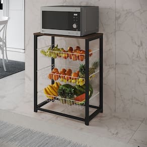 Fruteira com Suporte para Micro-ondas Barcelona Aço Preto Cesto Branco Tampo Amêndoa