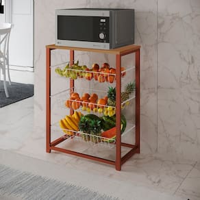 Fruteira com Suporte para Micro-ondas Barcelona Aço Cobre Cesto Branco Tampo Canela