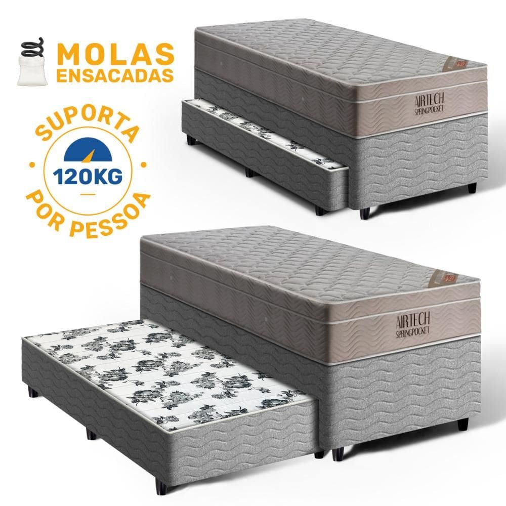 Cama Box Bicama com Colchão de Molas Ensacadas Ortobom AirTech SpringPocket Auxiliar de Espuma Unique Solteiro 88cm