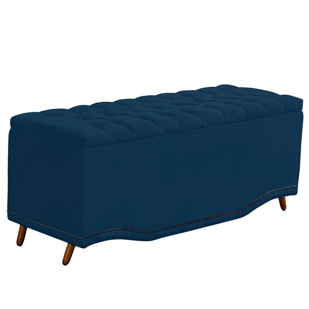 Calçadeira Baú Queen Estofada Maitê Veludo Cor Azul Marinho