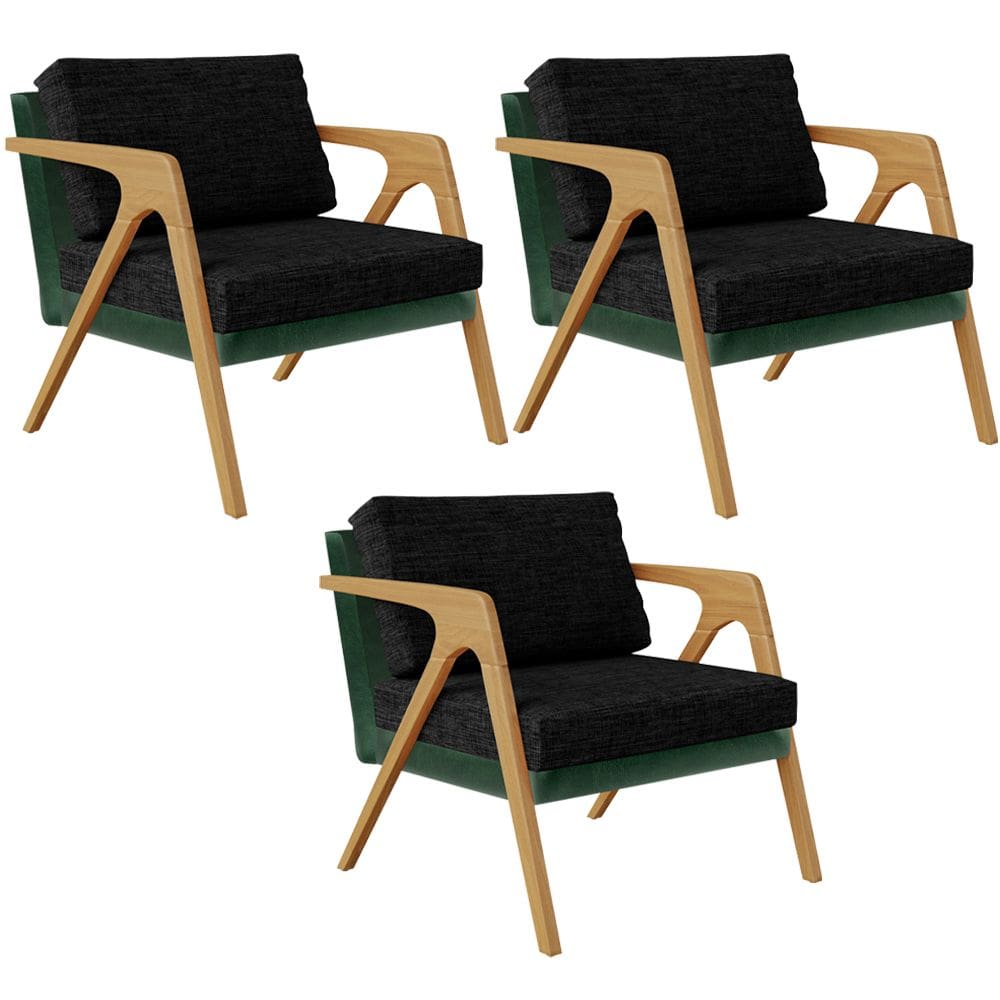 Kit 03 Poltronas Decorativas Sala Estar Pietra L02 Facto Verde Musgo Linho Chumbo - Lyam Decor