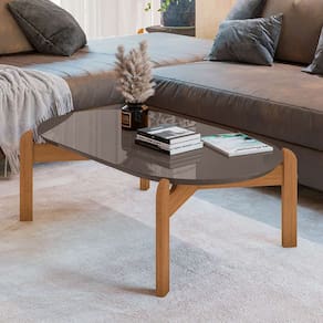 mesa de centro oval lizz cinza pérola e cedro