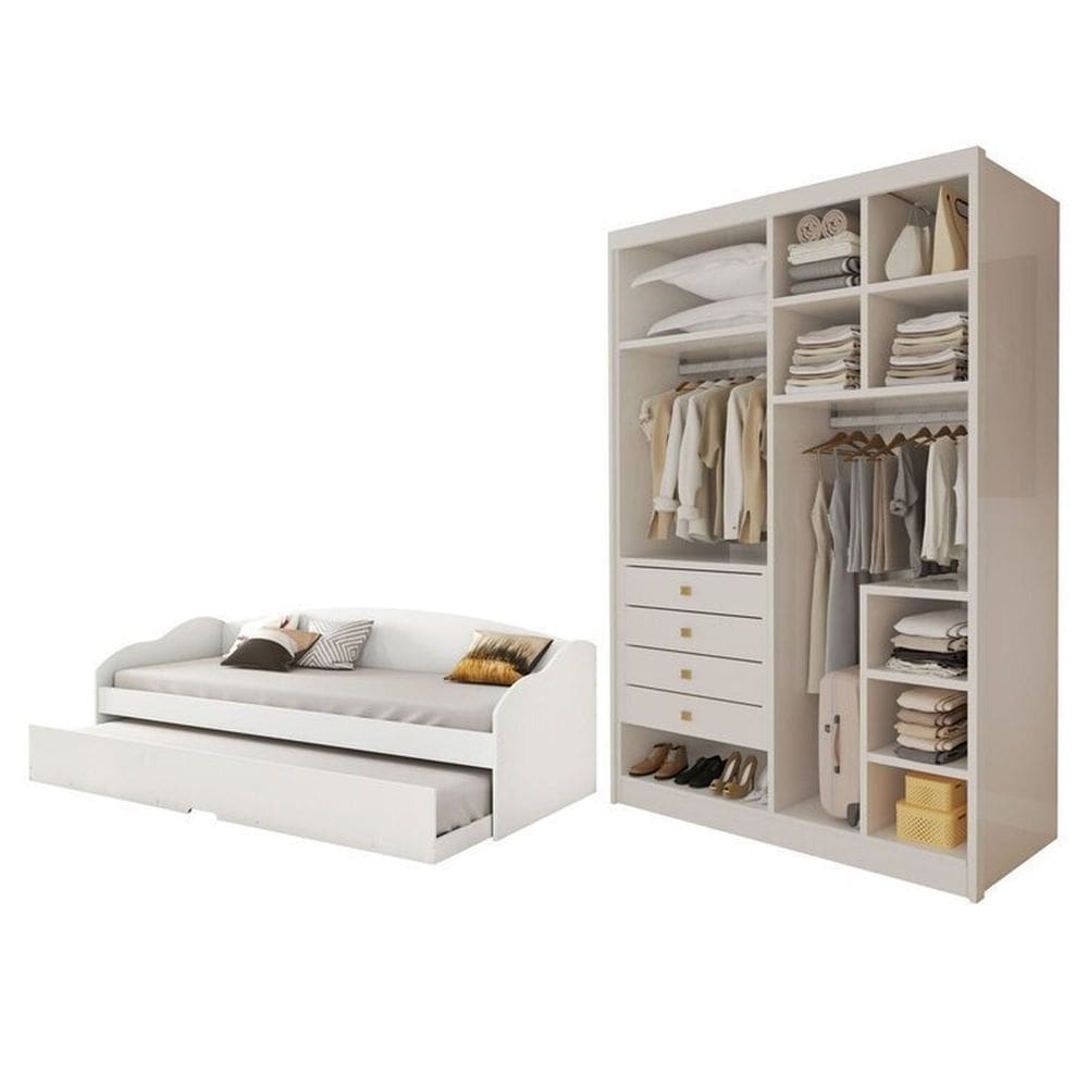 Conjunto Bicama Solteiro Funny Iii e Closet Casal sem Portas 4 Gavetas Bergame Branco