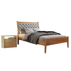 Conjunto Quarto de Solteiro Cama Vivare e Mesa de Cabeceira 2 Gavetas Amêndoa Mel/Cinza Claro