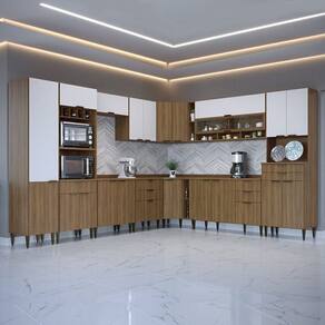 Cozinha Compacta 13 Peças 21 Portas 9 Gavetas Paris Nogal Manchester/ Branco Brilhante