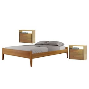 Conjunto Quarto de Casal Cama em Madeira Maciça com 2 Mesas de Cabeceira 2 Gavetas e 1 Nicho Unique Amêndoa Mel
