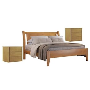 Conjunto Quarto de Casal Cama Queen Madeira Maciça e 2 Mesas de Cabeceira 3 Gavetas Unique Amêndoa Mel