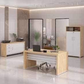 Conjunto para Escritório 3 Peças Mesa Tamburato 1600 Armário com Nicho e Balcão com Gavetas Carvalho/Branco