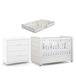 Berço Americano com Capitonê New Boucle e Cômoda Gaveteiro Infantil Tutto New Branco Acetinado e Colchão Gazin - Matic