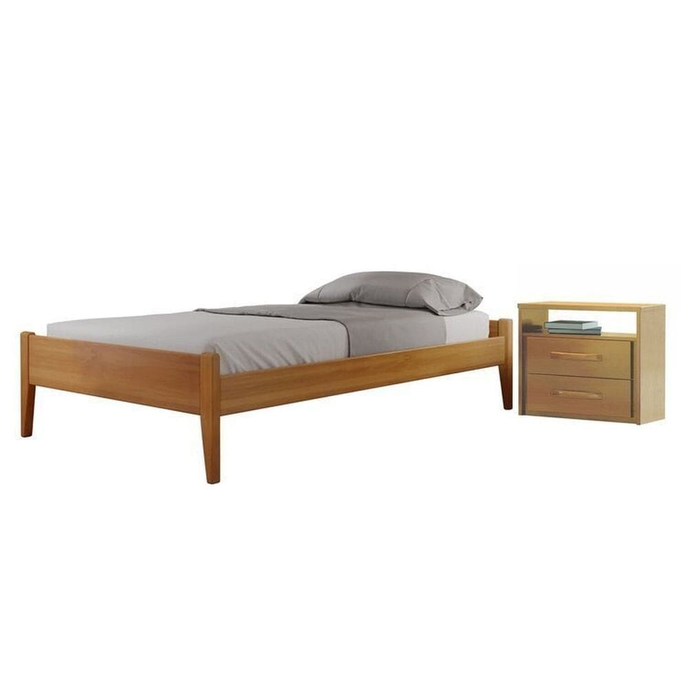 Conjunto Quarto de Solteiro Cama Madeira Maciça e Mesa de Cabeceira 2 Gavetas com Nicho Unique Amêndoa Mel