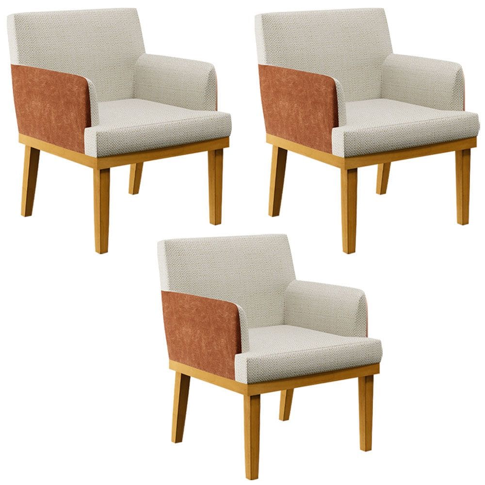Kit 3 Poltronas Decorativas Sala De Estar Beatriz W01 Linho Champagne Couríssimo Camel - Lyam Decor