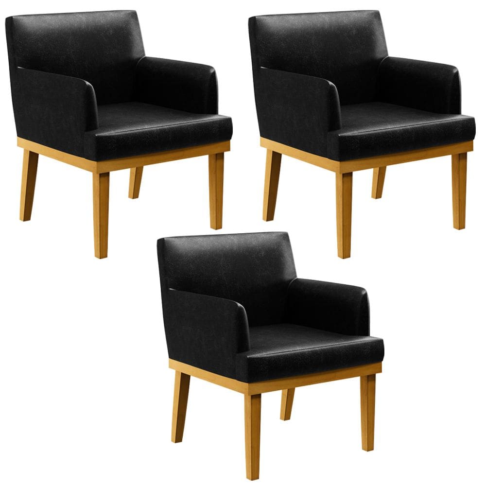 Kit 3 Poltronas Decorativas Para Sala De Estar E Recepção Beatriz W01 Couríssimo Preto - Lyam Decor