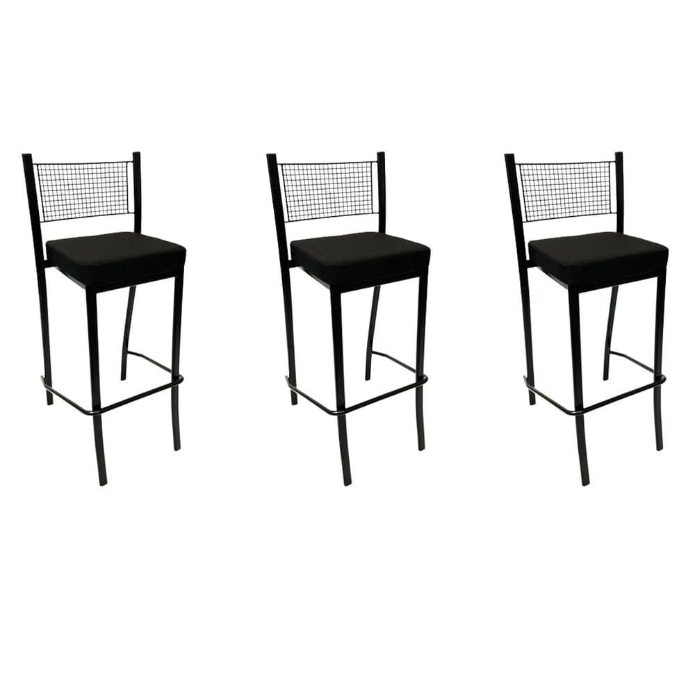 Kit 3 Banquetas alta para cozinha Empilhável preta assento em linho cor preto - Poltronas do Sul