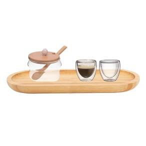 Kit Par De Copos Para Café + Açucareiro + Bandeja Bambu