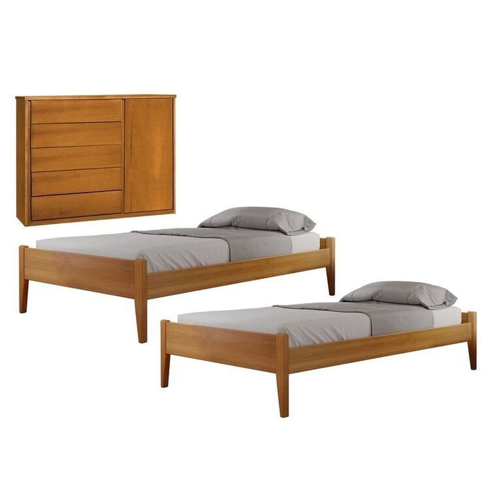 Conjunto Quarto de Solteiro Madeira Maciça com 2 Camas e Cômoda 5 Gavetas com Sapateira Unique Amêndoa Mel