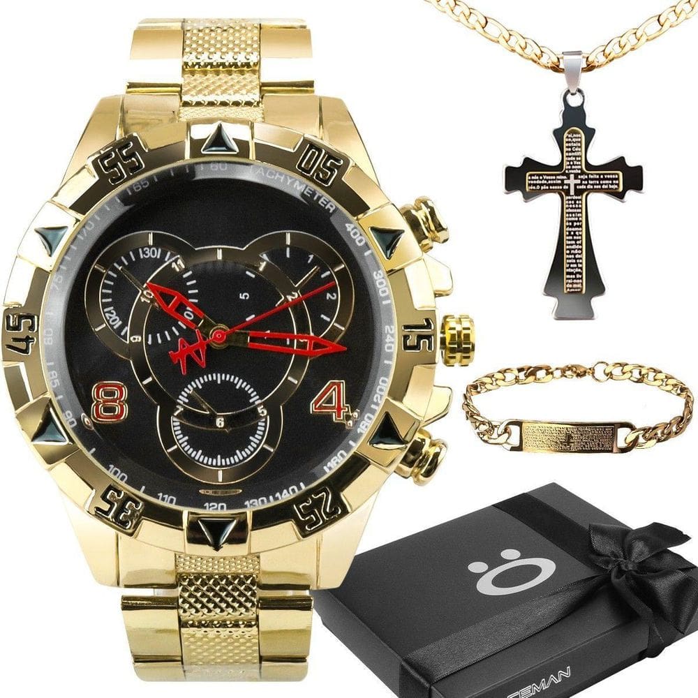 Relogio Banhado Prova Dagua + Cordão Cruz + Pulseira + Caixa
