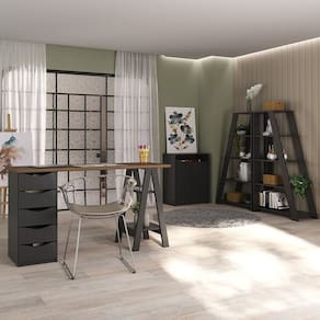 Conjunto para Escritório 4 Peças Escrivaninha Spirit Balcão Cool e 2 Estante Star Nogal/Preto