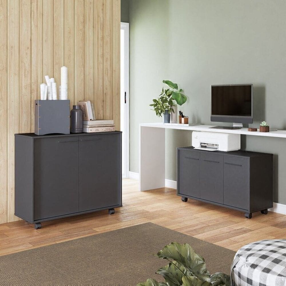 Conjunto Office Balcão 3 Portas e Balcão 2 Portas Pés Rodízio em Mdp Preto