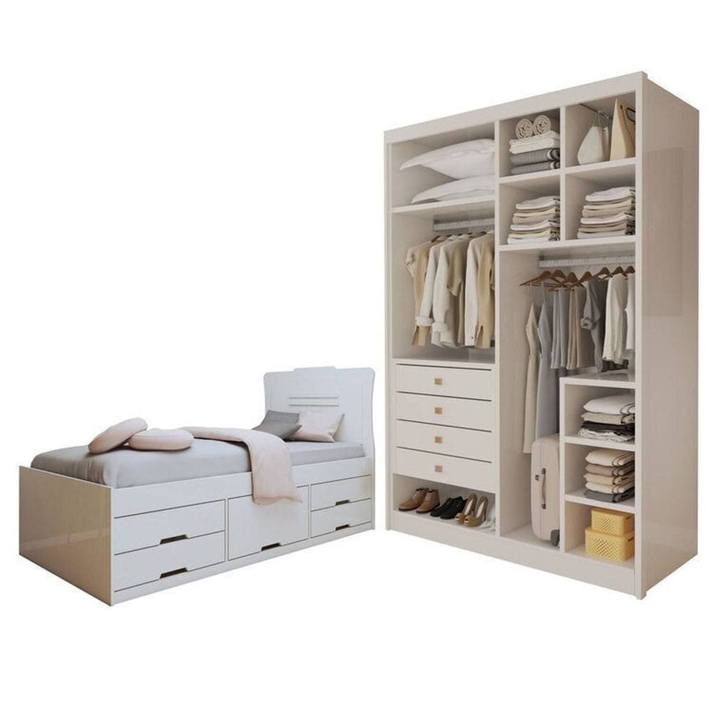 Conjunto Cama Solteiro 5 Gavetas Júlia e Closet Casal sem Portas 4 Gavetas Bergame Branco