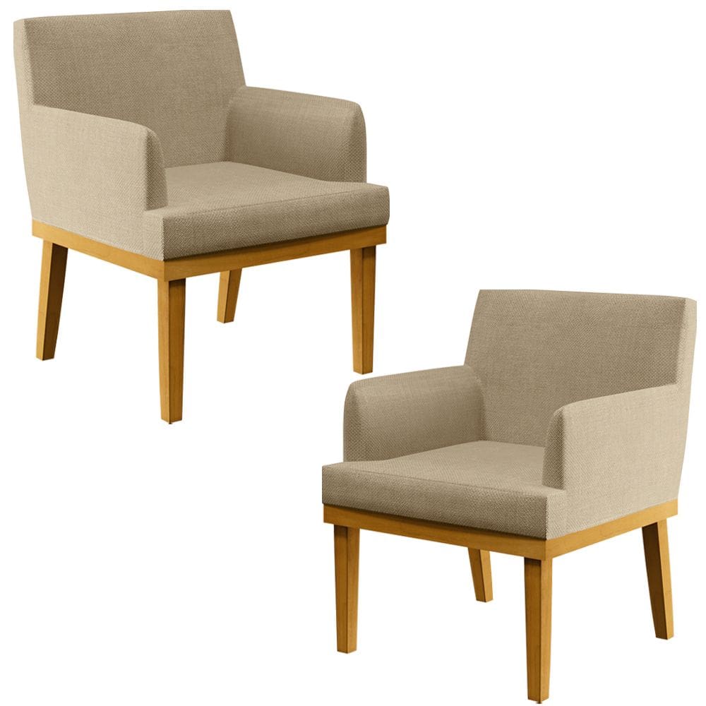 Kit 2 Poltronas Decorativas Para Sala de Estar e Recepção Beatriz W01 Linho Bege Escuro - Lyam Decor