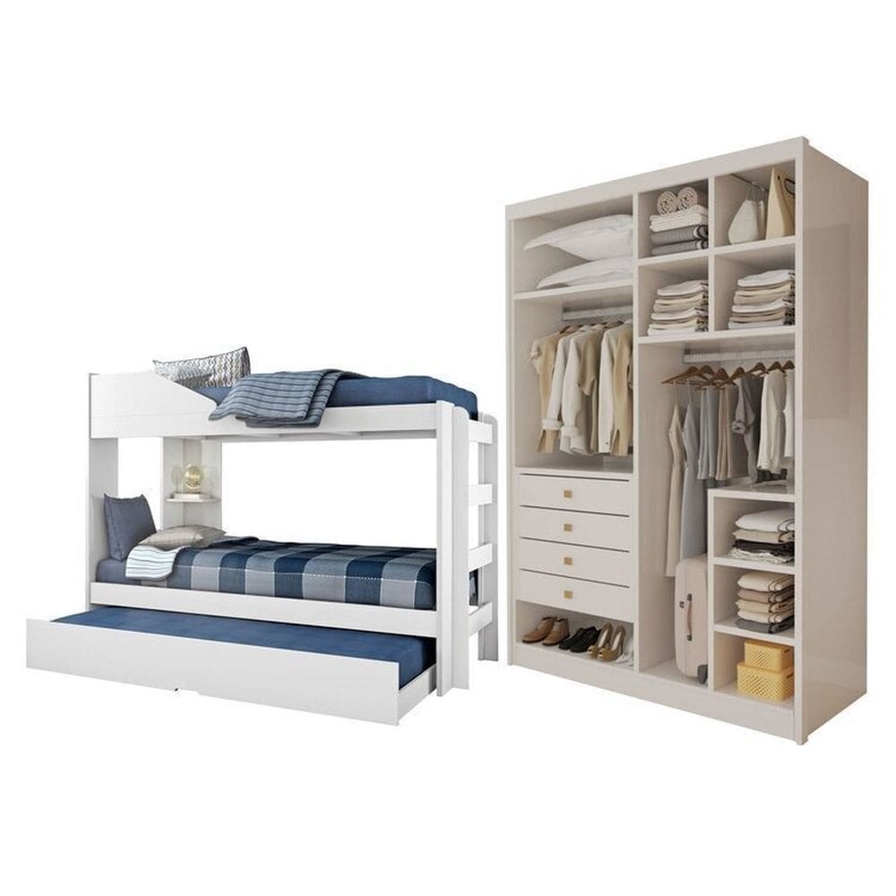 Conjunto Treliche Solteiro Indy e Closet Casal sem Portas 4 Gavetas Bergame Branco