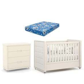 Berço Americano com Capitonê New Boucle e Cômoda Gaveteiro Infantil Tutto New Off White e Colchão Ortobom - Matic
