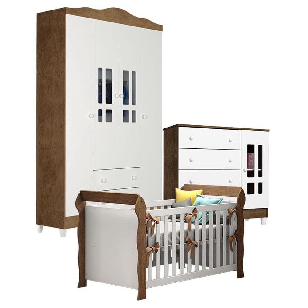 Quarto de Bebê Ariel 4 Portas e Berço Lara Branco Acetinado Amadeirado – Carolina