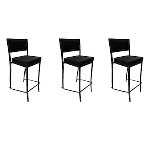 Kit 3 Banquetas alta para cozinha Empilhável preta assento e encosto estofados em linho cor preto - Poltronas do Sul