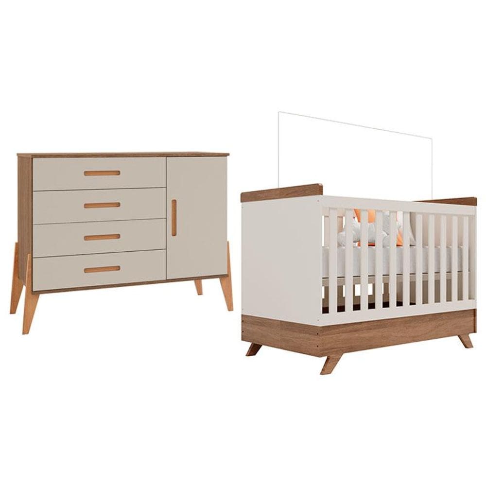 Berço Americano Retro Vitória e Cômoda Infantil com Porta Emilly Off White Carvalho - Canaã