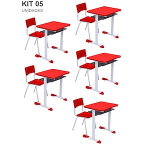 Kit 5 Conjuntos Escolar Individual Juvenil/Adulto com porta Livros cor Vermelho