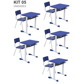 Kit 5 Conjuntos Escolar Individual Juvenil/Adulto com porta Livros cor Azul