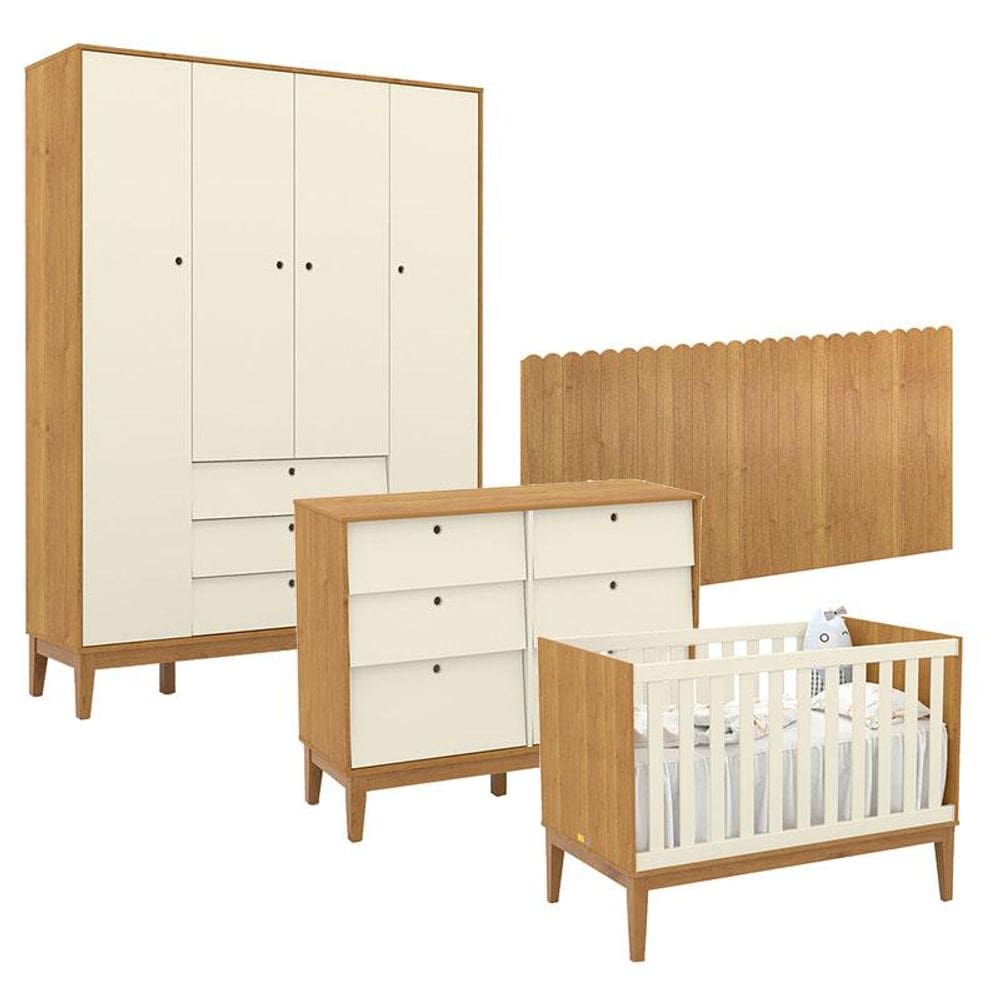 Quarto de Bebê Unique 4 Portas com Cômoda 6 Gavetas e Painel Farm Freijó Off White Eco Wood - Matic